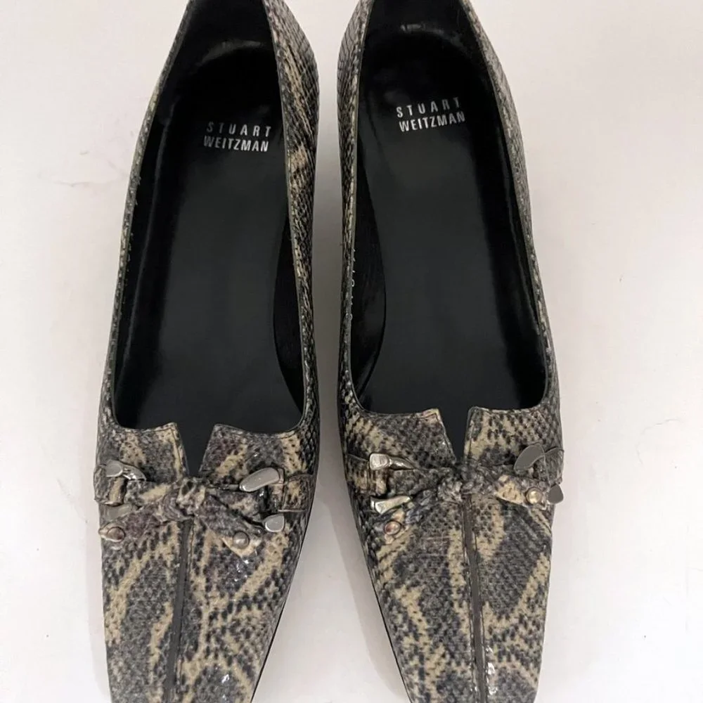 Stuart Weitzman Snakeskin Leather Pumps 7 M Black Tan Square Toe Kitten Heel - Picture 5 of 12